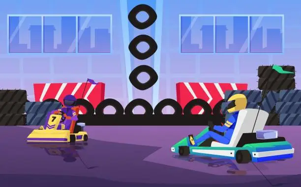 Vector illustration of Background with kart cars competing on speed track, flat vector illustration.
