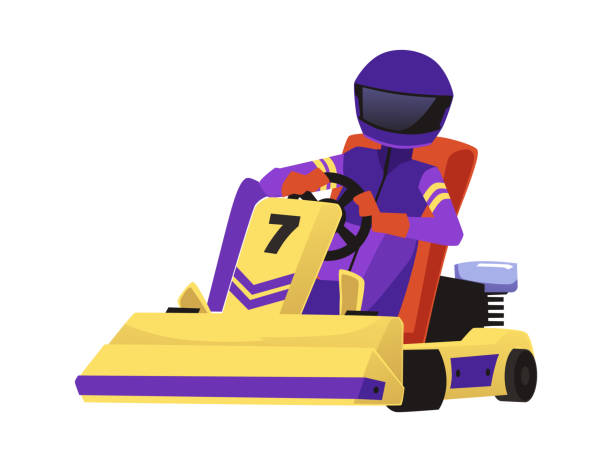 ilustrações, clipart, desenhos animados e ícones de racer dirigindo uma ilustração vetorial plana do kart isolada no fundo branco. - go cart