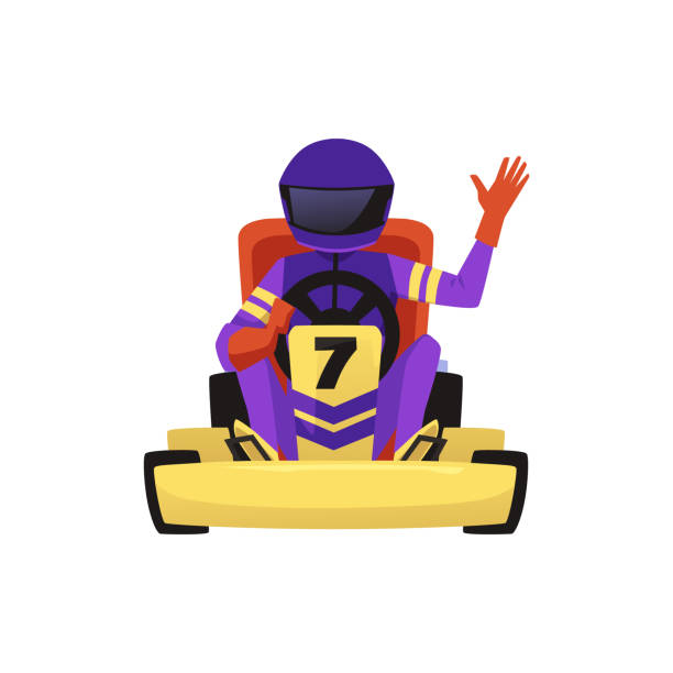 ilustraciones, imágenes clip art, dibujos animados e iconos de stock de piloto de carreras de karts saludando, ilustración vectorial plana aislada en blanco. - sport go cart go carting sports race