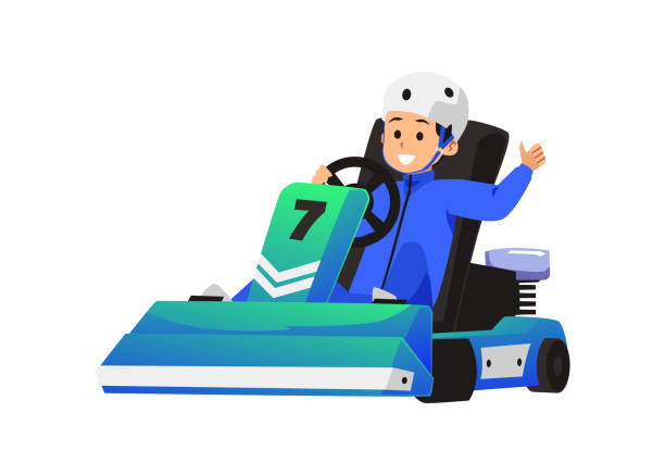 ilustraciones, imágenes clip art, dibujos animados e iconos de stock de campeón ganador de carreras de karts, ilustración vectorial plana aislada en blanco. - sport go cart go carting sports race