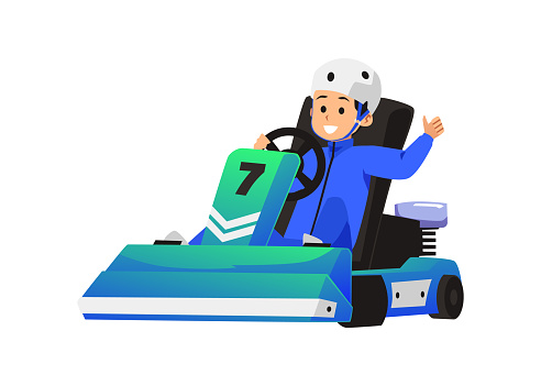 Kart racing winner champion, flat vector illustration isolated on white background. Child boy kart racer sitting in car. Kids karting club emblem or logo design element.