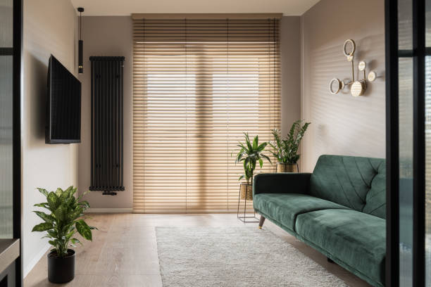 small living room with big window - vehicle interior green sofa indoors imagens e fotografias de stock