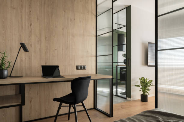 istock Home office interior with wooden wall 1443902632