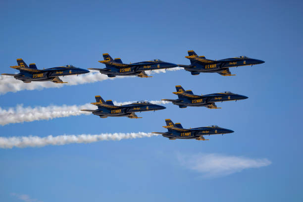 The Blue Angels San Diego, California, USA - September 24, 2022: The US Navy Blue Angels perform, with smoke on, at the 2022 Miramar Airshow. miramar air show stock pictures, royalty-free photos & images