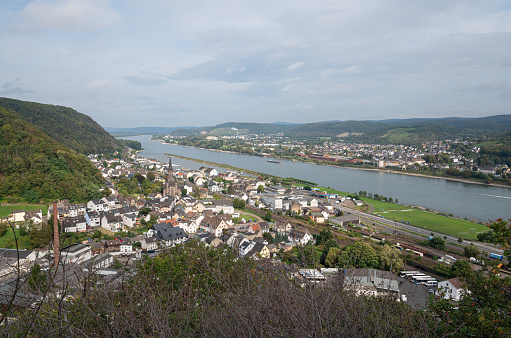 Brohl, Germany - September 27, 2021: Panoramic image of town Brohl near to the Rhine river on September 27, 2021 in Germany