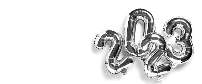2023 numbers made from foil  balloons. New year concept. Top view. Isolated in white