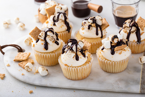 Smores cupcakes with graham crackers, toasted marshmallows and chocolate syrup