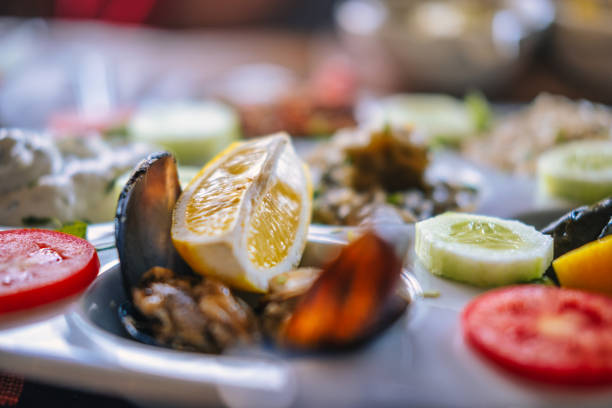 Some oysters served in a French restaurant.