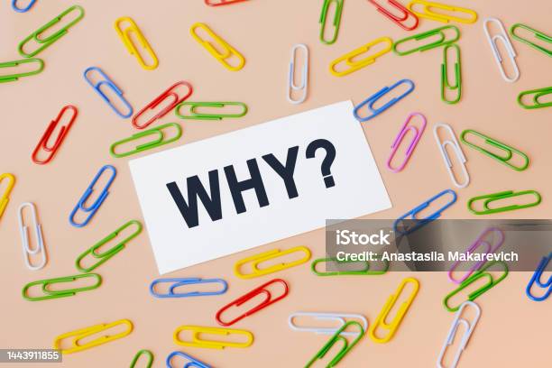 The Word Why Message On Card For Presentation Business Top View Of Business Card And Many Colourful Paper Clips On Beige Background Flat Lay Design Stock Photo - Download Image Now
