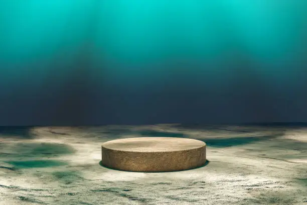 Photo of 3d render Abstact stage podium background, Round podium on the sand in underwater backdrop light for product display, mock up and showcase