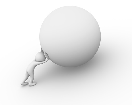 Design element : Big ball representing the myth of Sisyphus or the constraints of human life