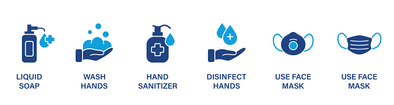 Virus Precaution Banner. Sanitizer and Liquid Soap, Wash, Disinfect Hands, Use Face Mask Icon. Coronavirus Prevention Silhouette Icon Set. Sign for Medical Poster. Vector Isolated illustration.
