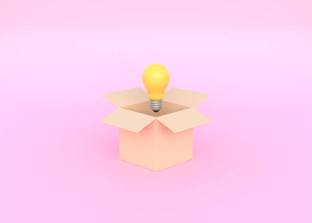 istock Brown box with a bulb lamp on a pink background 1443912429