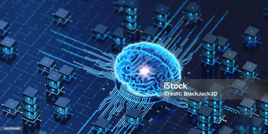 Brain Artificial Intelligence. CPU Concept Big data. Information concept. 3D render Artificial Intelligence Stock Photo