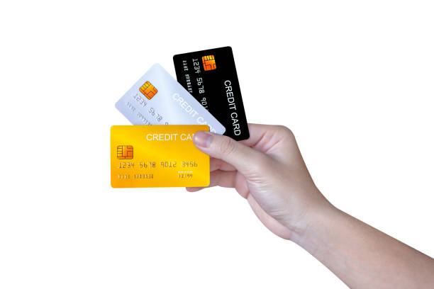 istock Hand showing credit card isolated on white background. 1443914699