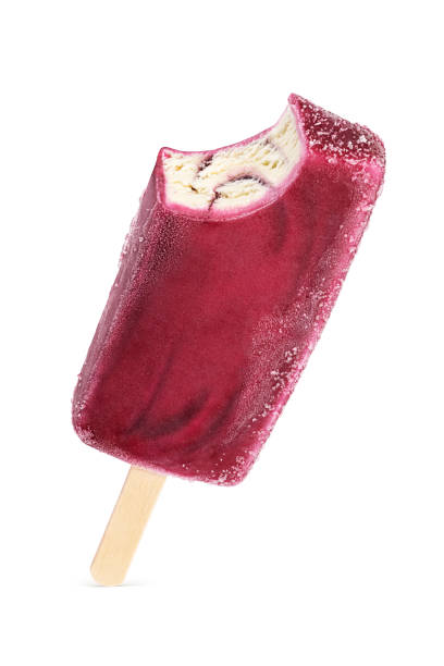 istock Bitten purple fruity popsicle ice cream isolated on white. 1443915571