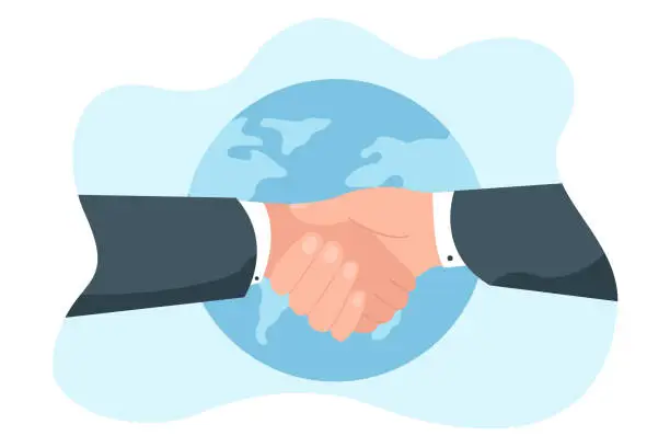 Vector illustration of Handshake of two businessmen in background of earth