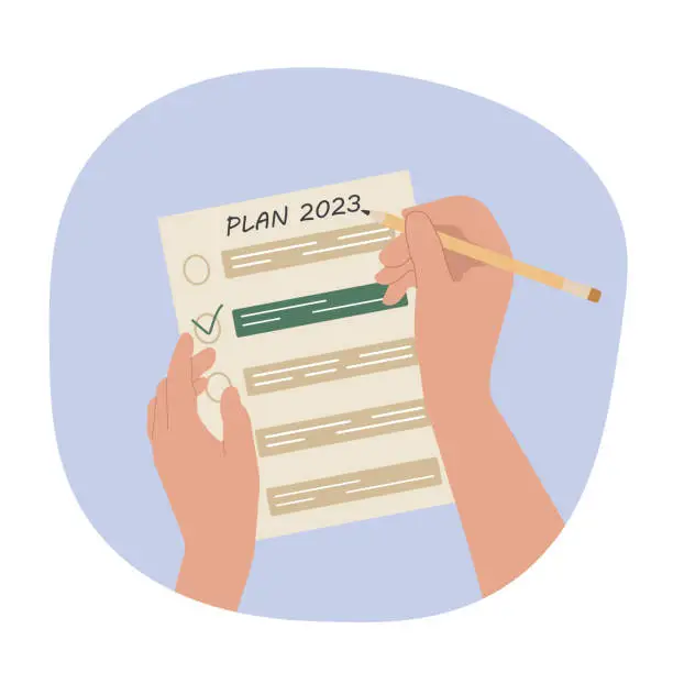 Vector illustration of Planning your future for 2023 and recording your list, goals and ideas. New Years resolution. List of gifts. Shopping list.