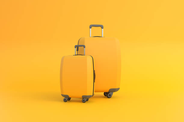 istock Travel suitcase on a yellow background with copy space. Front view. 3d rendering illustration 1443918014