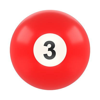 Billiard ball number three red color isolated on white background. Realistic glossy snooker ball. 3D rendering 3D illustration