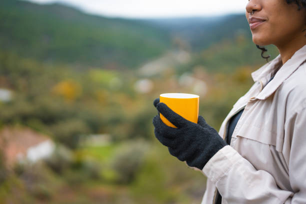 Woman, Drinking, Hot coffee, Excursion, Mountains