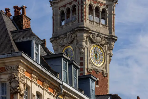 Tower of the Chamber of Commerce in the French city of Lille on the Place du Théâtre. The building was built between 1910 and 1921 and was designed by architect Louis Marie Cordonnier; Lille, France