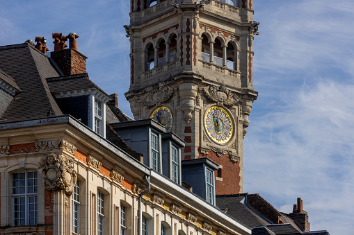 Tower of the Chamber of Commerce in the French city of Lille on the Place du Théâtre. The building was built between 1910 and 1921 and was designed by architect Louis Marie Cordonnier; Lille, France