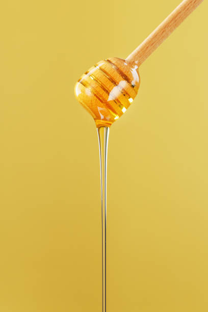 istock Honey drips in a thin stream from a honey dipper on a yellow background. 1443919846