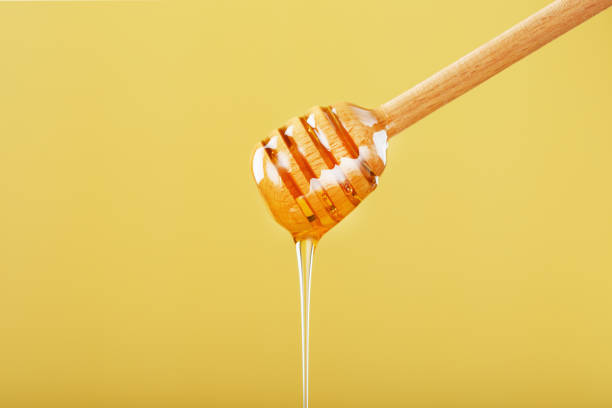 istock Honey drips in a thin stream from a honey dipper on a yellow background. 1443920167