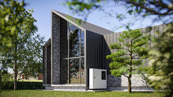 3d rendering of modern concrete house with large glass window.