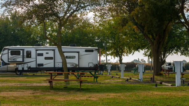 istock Camping in fifth wheel motorhome with shore power 1443920547