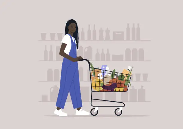 Vector illustration of A young female African character in denim overalls pushing a grocery cart in a supermarket