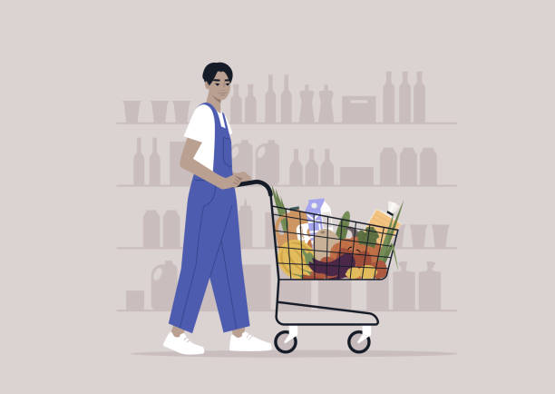 A young male Asian character in denim overalls pushing a grocery cart in a supermarket A young male Asian character in denim overalls pushing a grocery cart in a supermarket supermarket aisles vector stock illustrations