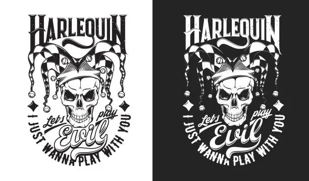 Vector illustration of Angry harlequin skull sketch t-shirt print