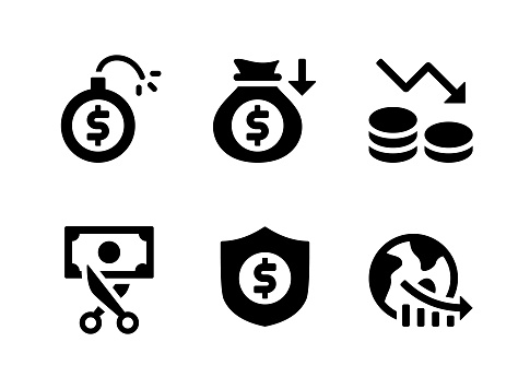 Simple Set of Market Economy Related Vector Solid Icons. Contains Icons as Debt, Recession, Money Decrease and more.