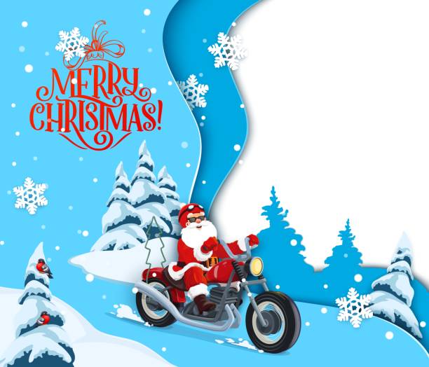 Christmas paper cut cartoon santa on bike template Christmas paper cut cartoon santa on bike and free space background. Vector template for greeting card or banner with funny Father Noel biker hurry to kids by snowy forest with trees 3d layered effect christmas family party stock illustrations