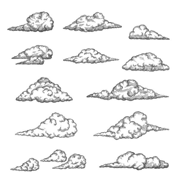 Cloud and cloudiness vintage sketch, cloudy sky Cloud and cloudiness vintage sketches. Vector hand drawn sky of ancient engraved fluffy clouds, antique map elements. Cloudscape with etching texture of curved air streams, cloudy heaven cumulus clouds drawing stock illustrations