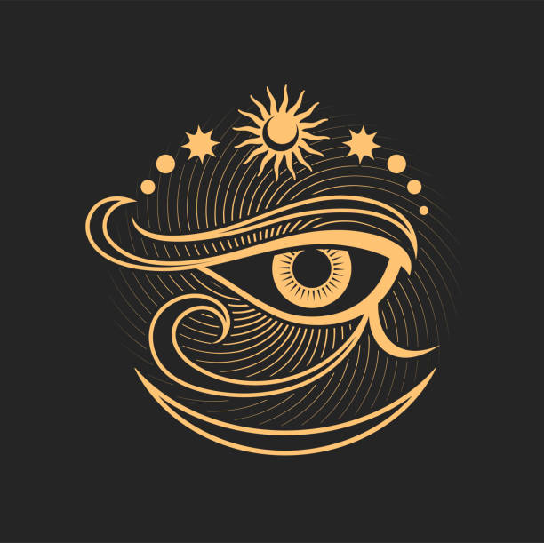 All seeing eye, moon and stars, witchcraft amulet Horus eye with moon and stars, alchemist symbol, alchemy witchcraft icon. Vector magic doodle of ethnic amulet, occultism vision prediction sign horus stock illustrations