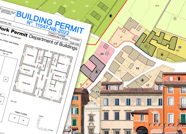 Imaginary General Urban Plan and Buildings Permit with indications of urban destinations and old cityscape stock photo