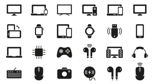 illustrations, cliparts, dessins animés et icônes de pc, ordinateur, moniteur, smartphone, appareil photo, clavier, jeu d’icônes de silhouette de casque. pictogramme de glyphe d’équipement électronique sans fil. symbole des appareils portables. illustration vectorielle isolée - symbol computer icon digital display sign