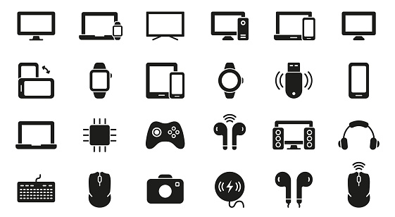 PC, Computer, Monitor, Smartphone, Camera, Keyboard, Headphone Silhouette Icon Set. Electronic Wireless Equipment Glyph Pictogram. Portable Devices Symbol. Isolated Vector Illustration.