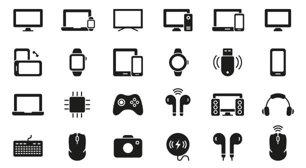 PC, Computer, Monitor, Smartphone, Camera, Keyboard, Headphone Silhouette Icon Set. Electronic Wireless Equipment Glyph Pictogram. Portable Devices Symbol. Isolated Vector Illustration PC, Computer, Monitor, Smartphone, Camera, Keyboard, Headphone Silhouette Icon Set. Electronic Wireless Equipment Glyph Pictogram. Portable Devices Symbol. Isolated Vector Illustration. computer silhouettes stock illustrations