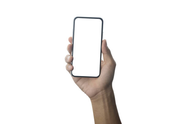 istock Hand holding Mobile smart phone on white background technology, Mobile phone screen mockup design on isolate with clipping path 1443928032