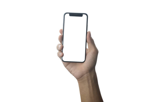 istock Hand holding Mobile smart phone on white background technology, Mobile phone screen mockup design on isolate with clipping path 1443928083