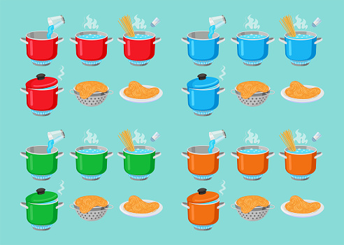 Pasta cooking process in colorful pots vector illustrations set. Collection of cartoon drawings of spaghetti in pot and on plate isolated on blue background. Cooking, food, equipment concept
