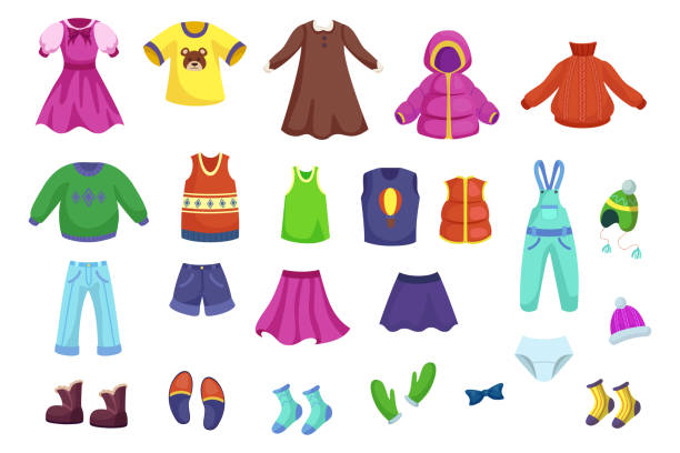 Children clothes for different seasons vector illustrations set vector art illustration