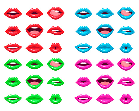 Female mouths with colorful lipstick vector illustrations set. Collection of cartoon drawings of lips of woman of different colors isolated on white background. Emotion, makeup, beauty concept