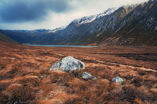 Looking southwest towards Loch Einich in the Cairngorm Mountains of Scotland on a rough winter’s day. This is Scotland in the raw.