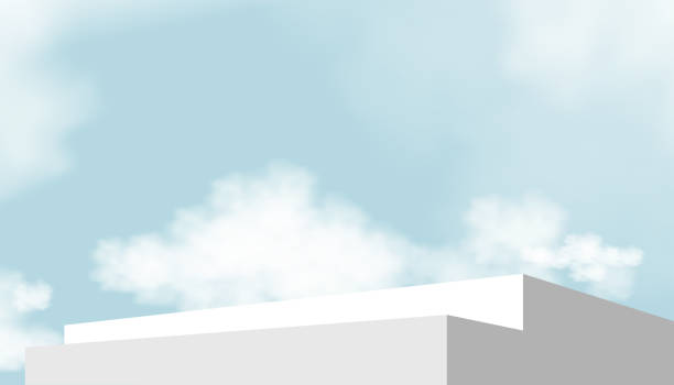 ilustrações, clipart, desenhos animados e ícones de passo do pódio da exposição 3d com plataforma geométrica no fundo azul do céu, banner do horizonte vetorial com vitrine do palco, maquete da escada na nuvem do verão, cena do projeto com suporte para a primavera, cosméticos do verão - cloud horizon spring summer