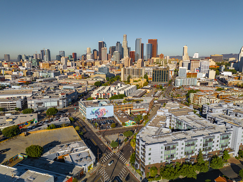 A flight through the Arts District of Downtown Los Angeles. A warm sunny day in Downtown Los Angeles.